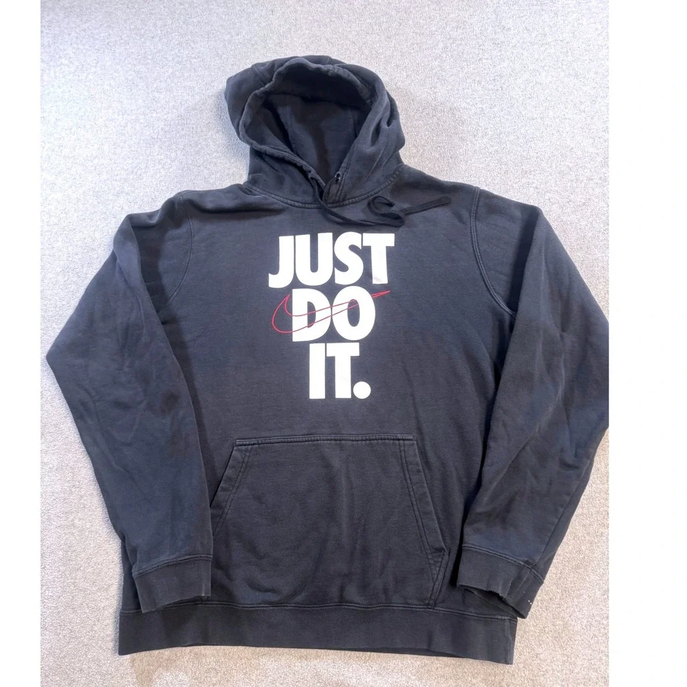 Nike‎ Just Do It Hoodie Black Vintage Style Distressed Swoosh Men's Size M Retro